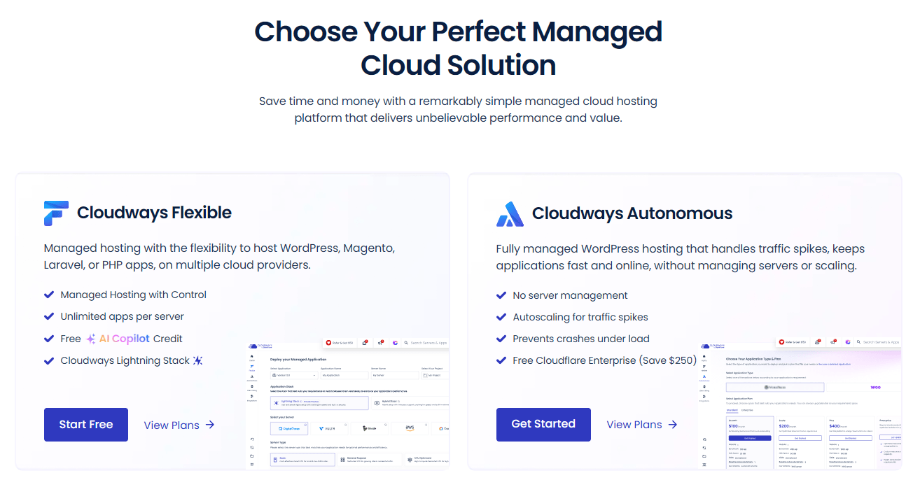 Cloudways Flexible vs Autonomous managed hosting plans compared